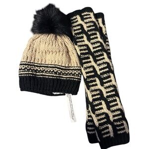 Free People Black and Cream Knit Hat with Pom Pom